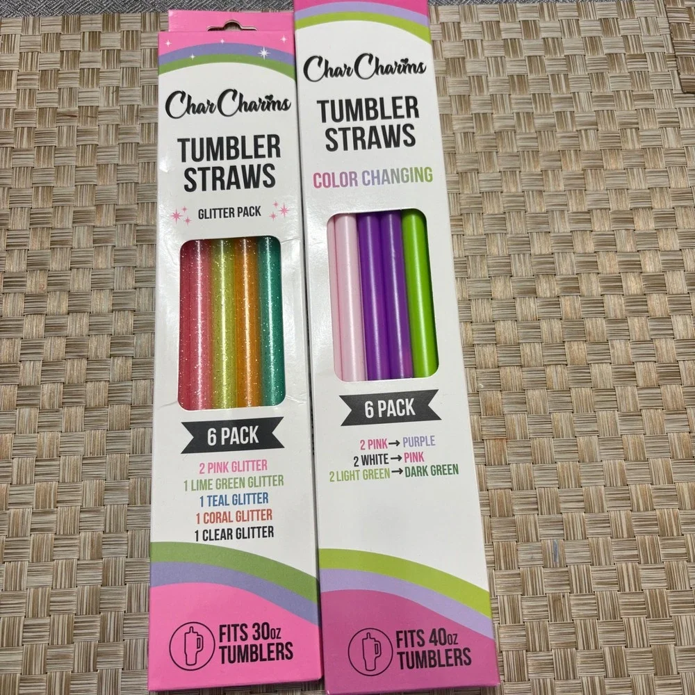 CharCharms Tumbler Straws 6pk Bundle Glitter 30oz Color Changing 40oz Reusable